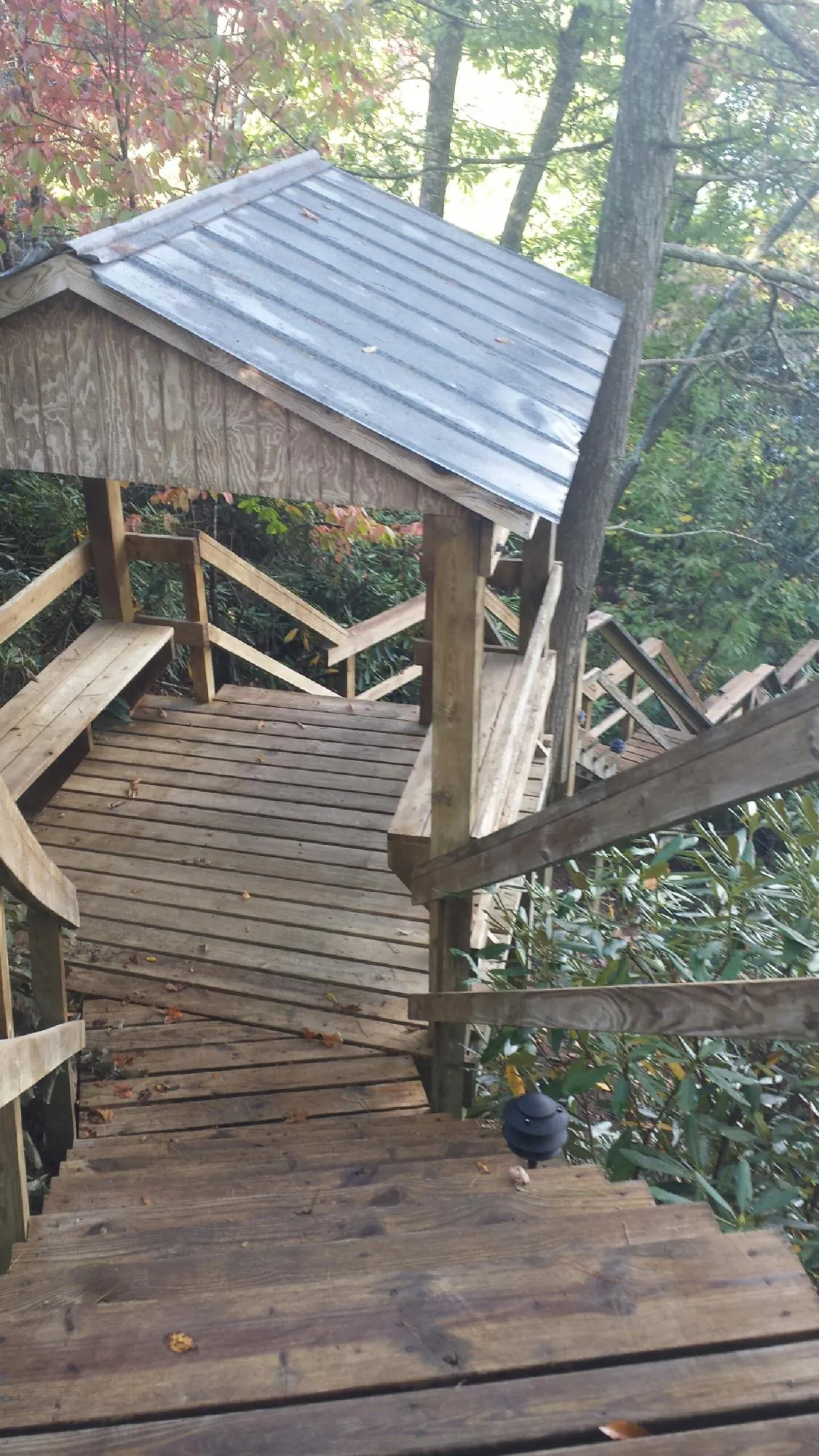 Metal roofed shelter over wooden steps on a wooded walkway — Skylight Repair & Installation work by our crew in Cranberry